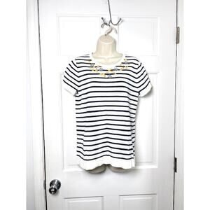 J.Crew Embellished Sweater Sz M Short Sleeve Ivory Blue Stripe Cotton Summer NWT